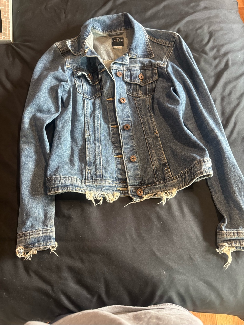 one 5 one Women's Distressed Blue Denim Jean Jacket